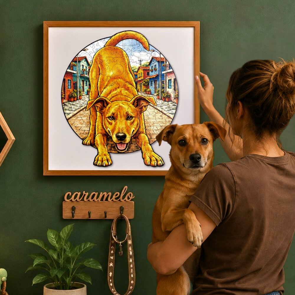 Dcecoração na parte - um quadro do cachorro caramelo feito com o quebra-cabeça montado