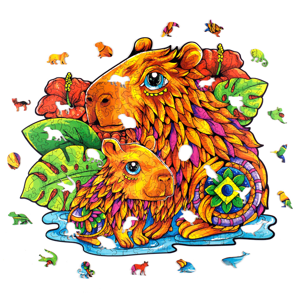 Quebra-cabeça Puzi Capivara com as peças temáticas ao redor
